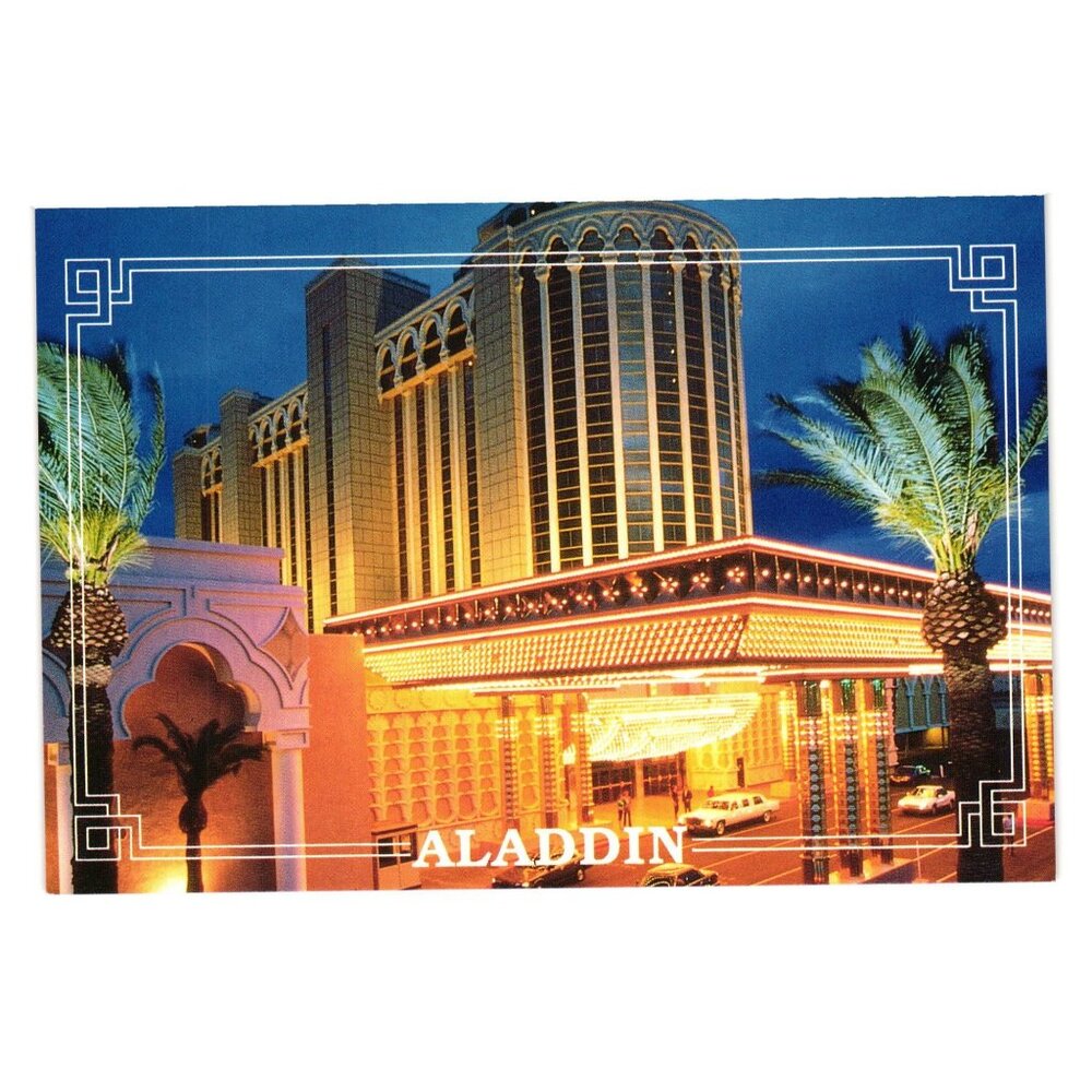 Vintage Postcard Aladdin Night Lights Entrance Hotel Casino Las Vegas Nevada